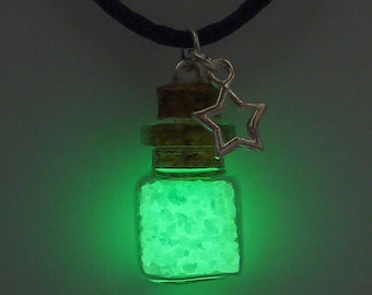 Green Glowing Bottle Necklace - Magic Bottle - Glowing Necklace - Green Bottle - Silver Star - Star Charm - Star Bottle - Bottle Charm