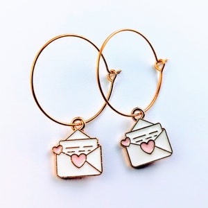 Pendientes de aro de carta de amor - lindos pendientes colgantes pastel - pendientes románticos de aro Kawaii - pendientes de encanto de amor - pendientes de corazón