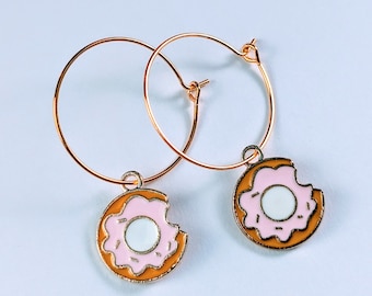 Pink Donut Hoop Earrings: Enamel Dessert Jewelry