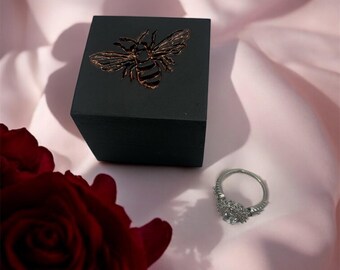 Handcrafted Maple Ring Box – Polished Black Satin with Bronzed Engraved Bee  engagement ring box, proposal gift. wedding band holder