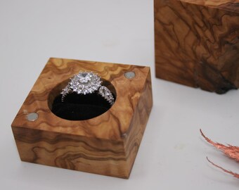 Hand made Olive wood Engagement ring box, Handcrafted  unique proposal ring holder  ,wedding band holder  (174 )