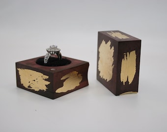Magenta Maple Engagement Ring Box, Shabby Chic Gold Leaf Wood Ring Bearer, Scalloped Corner Proposal Box, 5cm Handmade Keepsake Gift
