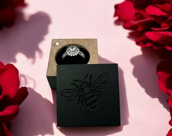 Handcrafted Maple Ring Box – Polished Black Satin with Engraved Bee