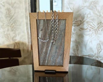 Handcrafted Necklace Display Stand – Oak Frame & Cobre Slate Jewelry Holder | Rustic Necklace Organizer for Tabletop or Wall Hanging