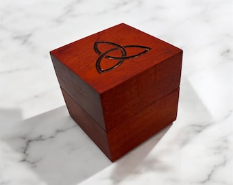 Dark Orange Beech Wood Single Ring Box with engraved triquetra symbol  engagement ring box ,  Handmade  Unique proposal Jewellery box 165