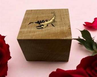 Handcrafted Maple Wood engagement Ring Box – Engraved Scorpion Design unique proposal idea. astrological,  zodiac , small wooden box 91