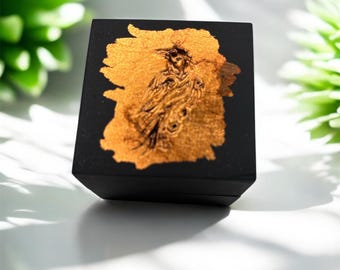 Handcrafted Shabby Chic Black Satin Maple engagement , proposal Ring Box – Engraved Raven in Distressed Copper Gilt