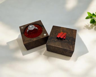 Handcrafted Circassian Walnut Ring Box with Iridescent Red Glass Cabochon – Magnetic Wooden Engagement Box