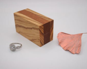 Slim Wooden Ring Box for Proposal, Minimalist Reclaimed Teak & Olive Wood Engagement Ring Box, Pocket-Sized Ring Bearer Box 154