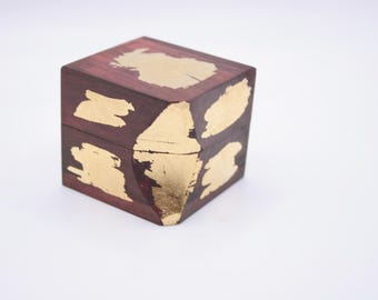 Handmade Wooden Engagement Ring Box - Purple Maple Wood Wedding Ring Bearer Box with Gold Leaf - Unique Curved Geometry Velvet Jewellery 164