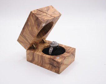 Handmade Figured Olive Wood Ring Box, Unique Engagement Proposal Box, Black Velvet Interior, Brass Hinges, Magnetic Closure Keepsake 153