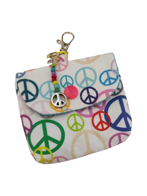Peace sign keychain coin purse lanyard purse airpid or earbud holder..clips on any purse .Bankcard or cash holder