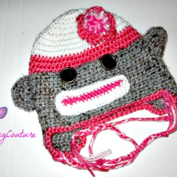 Girls Sock Monkey hat with earflaps