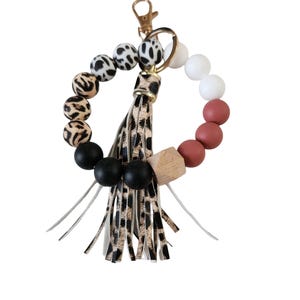 Leopard Beaded Wristlet Keychain with Taupe White and Leopard Beads and Wood Hexagon Bead with leopard tassel