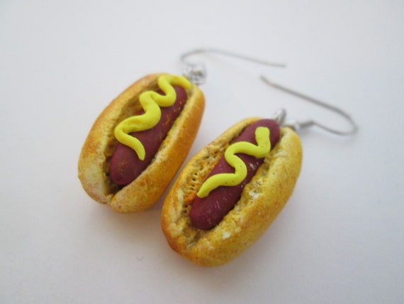 Hot dog Earrings miniature food jewelry, food earrings. hotdog earrings, hot dog charm, unique gift, gift for her, polymer clay food