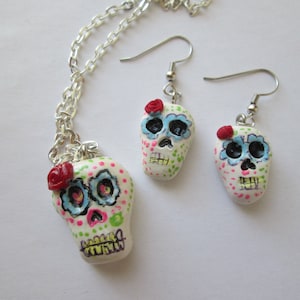 Sugar skull earrings and necklace sugar skull jewelry sugar skull jewellery sugar skull wire earrings day of the dead skull gifts
