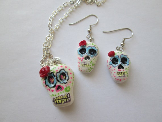 Sugar skull earrings and necklace sugar skull jewelry sugar skull jewellery sugar skull wire earrings day of the dead skull gifts