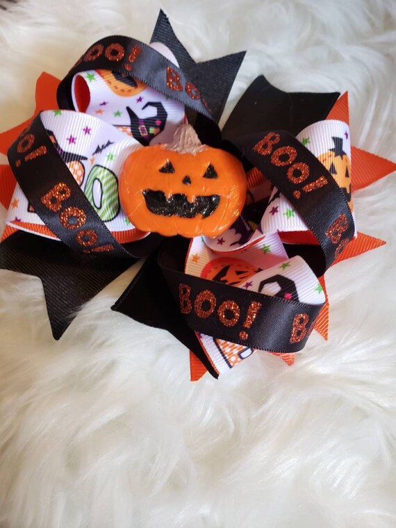 Halloween pumpkin festive stacked hair bow with polymer clay pumpkin charm