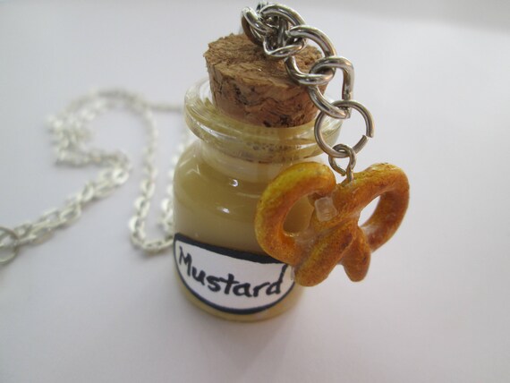 Bottle Necklace with Mustard and soft Pretzel, Miniature Food Jewelry, Polymer Clay Food