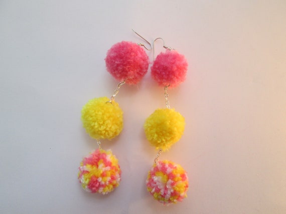 Pom Pom Dangle Earrings, Bon Bon Dangle Earrings, Pink Yellow & White Pom Pom Earrings