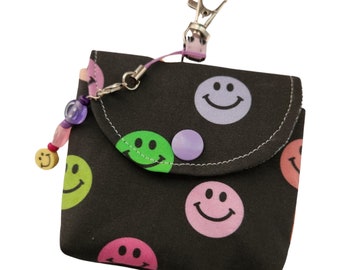 Smiley Face Coin Purse with Snap and Lobster Clasp, Cute Fabric Mini Wallet for Lanyard or Purse, Small Pouch for Coins Cash Cards
