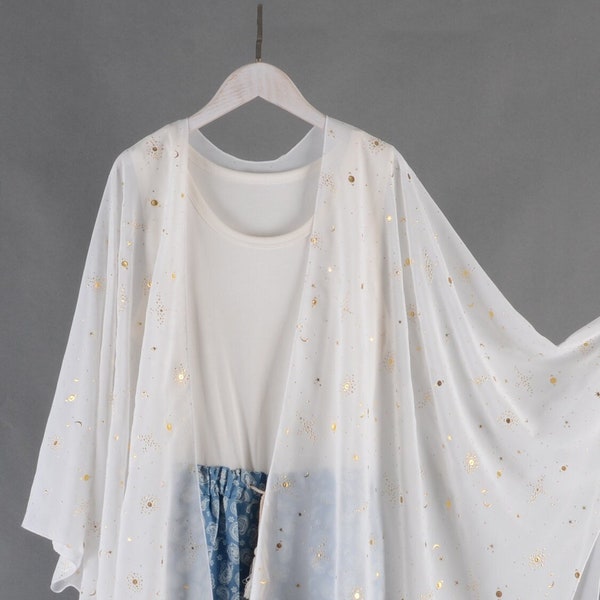 chiffon kimono,white with gold starry print kimono jacket,beach kimono,boho kimono,chiffon cover up,dress kimono,kimono cardigan,kimono