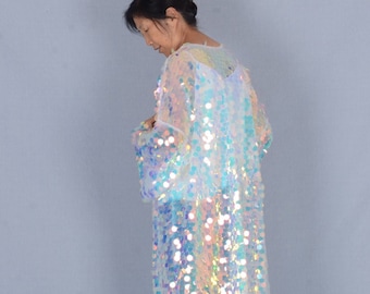 White Mermaid Sequin Kimono: Floor Length Festival Duster