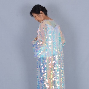 white mermaid sequin kimono,floor length,festival kimono,sequin duster,rave clothing, coat bohemian,festival outfit,disco sequin kimono