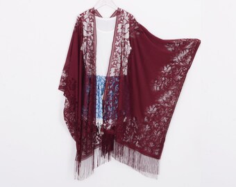 long bohemian kimono, wine red lace kimono,cardigan,boho kimono,beach kimono,shrug,cover up,dress kimono,lace beach