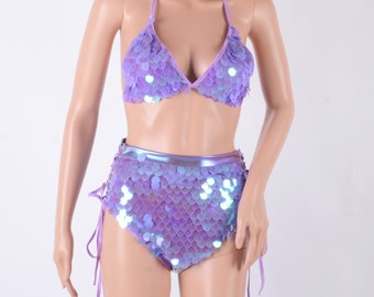 Purple Sequin Rave Outfit,Music Festival Set,High Waist Bikini,Festival Clothing Woman,EDC wear, Rave Bodysuit,EDC outfit,burning man wear