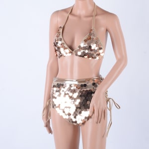 Matte Gold Sequin Rave Outfit, Musik Festival Set, Bikini mit hoher Taille, Festival Kleidung Frau, EDC Kleidung, Rave Body, EDC Outfit