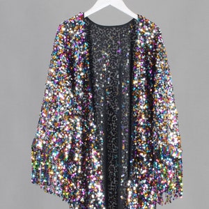 rainbow sequins kimono with sleeve,sequins cover up,holiday dress,rave dress,kimono cardigan,unisex tassles kimono,burning man dress