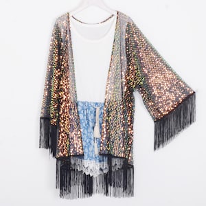 black sequin kimono, short,festival kimono,party outfit,duster,burning man,sequins cover up,gold sequins dress