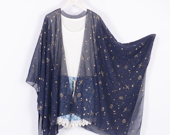 chiffon kimono,navy with gold starry print kimono jacket,beach kimono,boho kimono,chiffon cover up,dress kimono,kimono cardigan,kimono