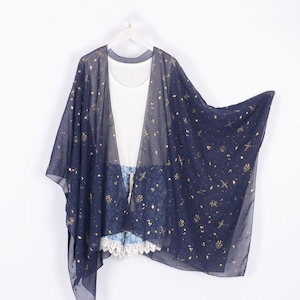 chiffon kimono,navy with gold starry print kimono jacket,beach kimono,boho kimono,chiffon cover up,dress kimono,kimono cardigan,kimono