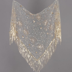 Beige Starry Sequins Bridal Shawl: Boho Wedding Fringe Wrap