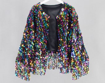 rainbow sequins fringe jacket,personalized gift for her,tinsel dress,bridal jacket,wedding jacket,birthday jacket,gifts,handmade clothing