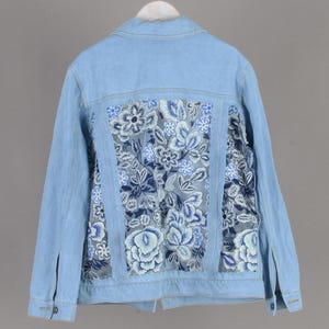 blue denim jacket,3D embroidered flower jacket,bridal denim jacket,wedding jacket,women's oversized denim jacket,denim outwear,gift for her