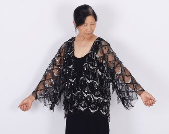 noir avec kimono à paillettes argenté, mi-longueur, kimono de festival, dépoussiéreur de paillettes, vêtements rave, tenue de festival, kimono à paillettes disco, kimono à paillettes