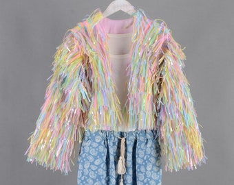 pink rainbow tinsel jacket,personalized gift for her,tinsel dress,rainbow bridal jacket,fringe jacket,gifts,