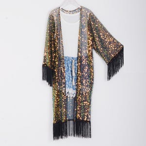 black sequins kimono with sleeve,summer cover up,holiday dress,beach kimono, kimono cardigan,kimonos,kimono for women,gold sequins kimono