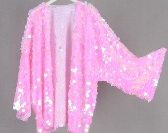 Iridescent Pink Sequin Kimono, Festival Rave Duster