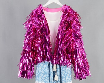hot pink tinsel jacket,personalized gift for her,tinsel dress,rainbow bridal jacket,fringe wedding jacket,birthday jacket,gifts