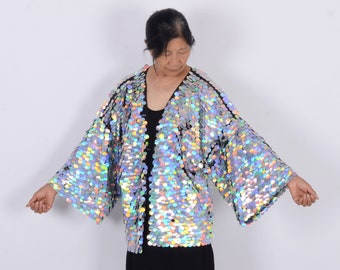 kimono à paillettes holographiques, mi-longueur, kimono festival, plumeau à paillettes, vêtements rave, tenue de festival, kimono à paillettes disco, kimono à paillettes