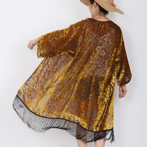 velvet kimono,black gold kimono with sleeve,summer cover up,holiday dress,beach kimono, kimono cardigan,kimonos,kimono for women,SL065