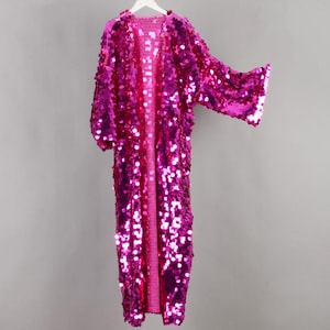 hot pink sequin kimono,floor length,festival kimono,sequin duster,rave clothing, coat bohemian,festival outfit,disco sequin kimono
