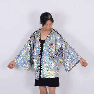 holografische sequin kimono,halve lengte,festival kimono,sequin stofdoek,rave kleding, festival outfit,disco sequin kimono,sequin kimono