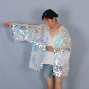 white mermaid sequin kimono,burning man,festival kimono,sequin duster,rave clothing, coat bohemian,festival outfit,disco sequin kimono,short