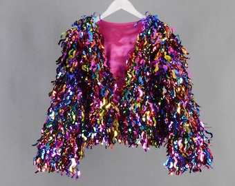 rainbow tinsel jacket,personalized gift for her,tinsel dress,rainbow bridal jacket,fringe wedding jacket,birthday jacket,free shipping