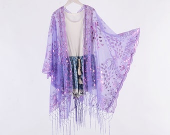 purple sheer kimono with purple sequins, lace kimono,peacock kimono,cocktail party kimono,purple fringe kimono,festival party kimono